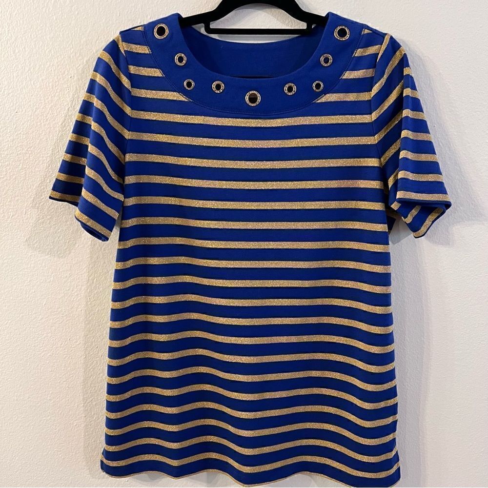 Quacker Factory Shirt Womens Blue Gold Striped Round Neck Top rhinestones Size M